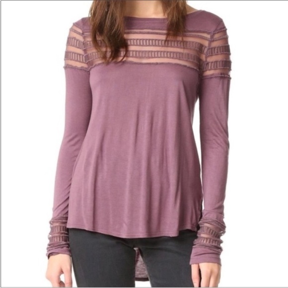 Free People Purple Roxie Mesh Insert Long Sleeve Tee - Size Small - Picture 2 of 4